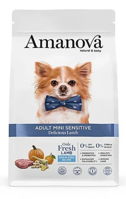 Amanova - Croquettes Adult Mini Sensitive sans céréales à l'Agneau pour Chiens - 2Kg