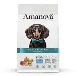Amanova - Croquettes Adult Mini Exigent sans Céréales au Porc pour Chiens - 7Kg