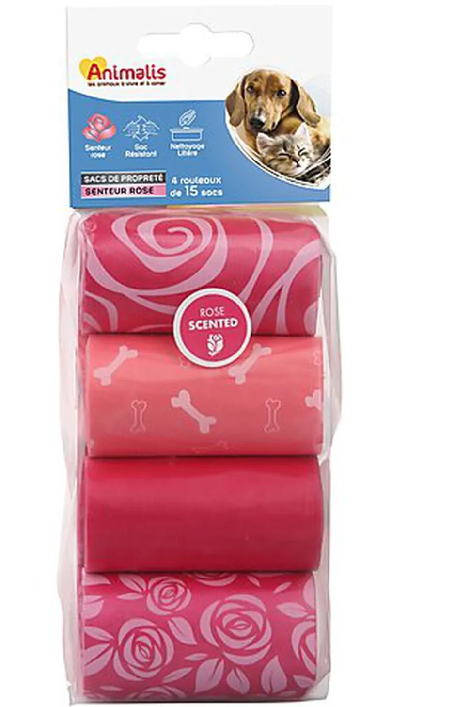 Animalis - Sacs Propreté Parfum Rose pour Chien et Chat - 4x15