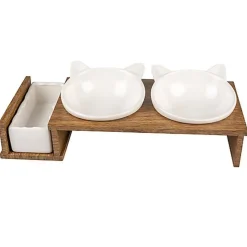 Duvoplus - Ecuelle Double Dinner Blanc et Bois pour Chat - 41,5cm