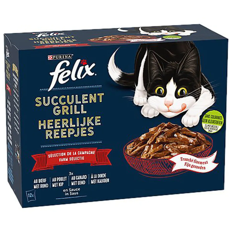 FELIX - Pochons Succulent Grill Selection de la Campagne à la Viande en Sauce pour chats adultes - 12X80g