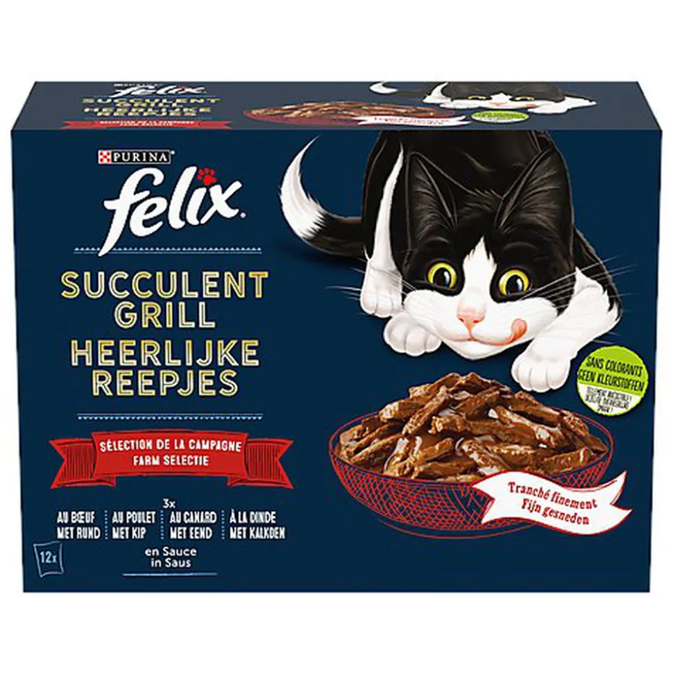 FELIX - Pochons Succulent Grill Selection de la Campagne à la Viande en Sauce pour chats adultes - 12X80g