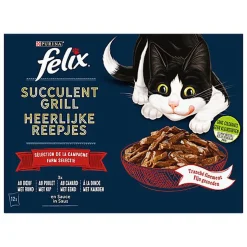 FELIX - Pochons Succulent Grill Selection de la Campagne à la Viande en Sauce pour chats adultes - 12X80g