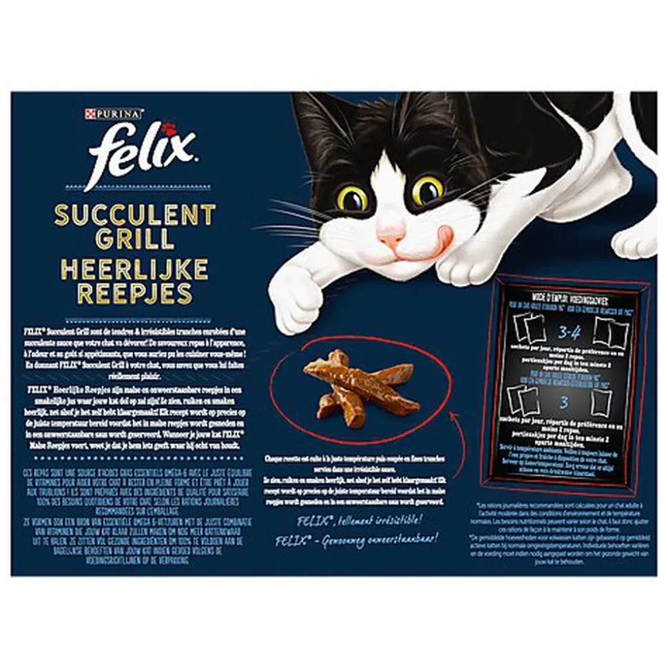 FELIX - Pochons Succulent Grill Selection de la Campagne à la Viande en Sauce pour chats adultes - 12X80g