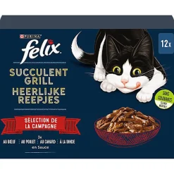 FELIX - Pochons Succulent Grill Selection de la Campagne à la Viande en Sauce pour chats adultes - 12X80g