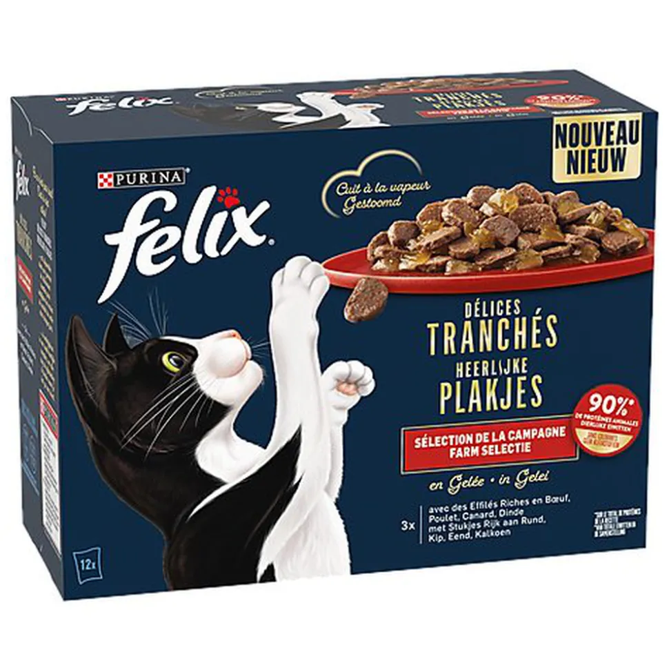 FELIX - Sachets Fraîcheur Délices Tranchés en Gelée Sélection Campagne pour chats adultes - 12x80g