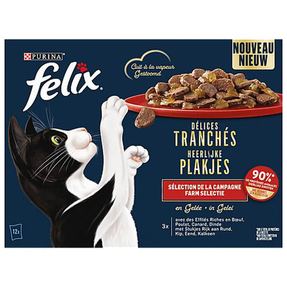 FELIX - Sachets Fraîcheur Délices Tranchés en Gelée Sélection Campagne pour chats adultes - 12x80g