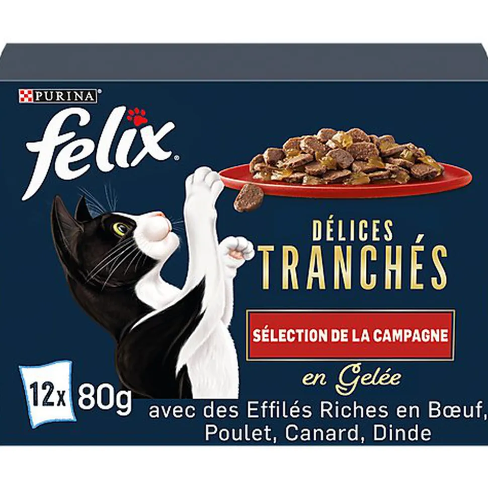 FELIX - Sachets Fraîcheur Délices Tranchés en Gelée Sélection Campagne pour chats adultes - 12x80g