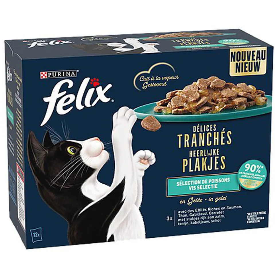 FELIX - Sachets Fraîcheur Délices Tranchés en Gelée Sélection Poissons pour chats adultes - 12x80g
