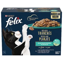 FELIX - Sachets Fraîcheur Délices Tranchés en Gelée Sélection Poissons pour chats adultes - 12x80g