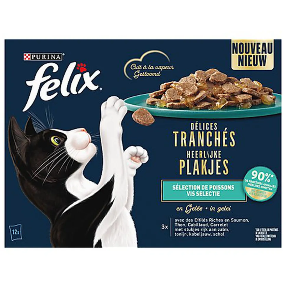 FELIX - Sachets Fraîcheur Délices Tranchés en Gelée Sélection Poissons pour chats adultes - 12x80g