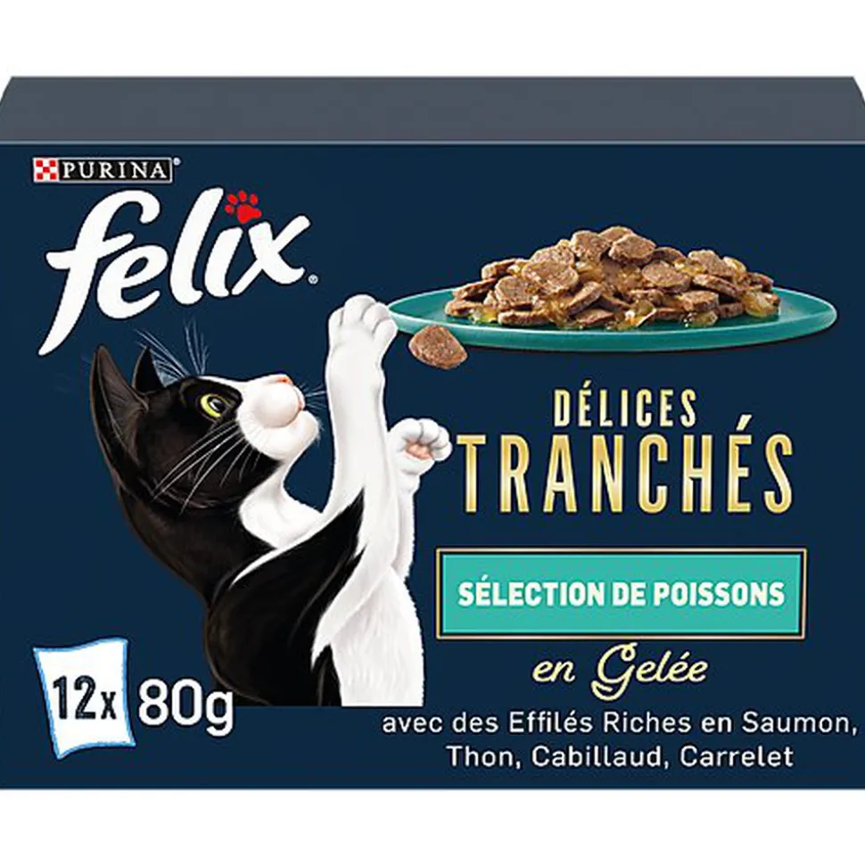 FELIX - Sachets Fraîcheur Délices Tranchés en Gelée Sélection Poissons pour chats adultes - 12x80g