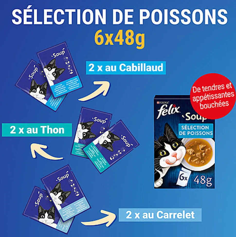 Felix - Soupes en sachets Sélection de Poissons pour Chats - 6x48g