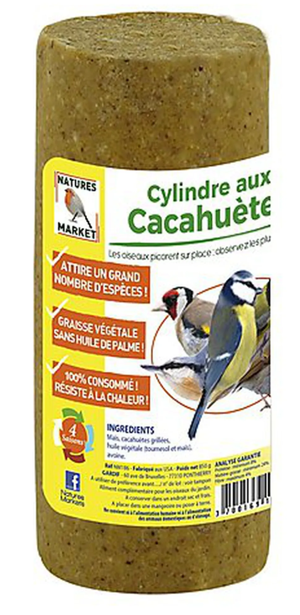 Natures Markets - Cylindre Graisse Végétale aux Cacahuètes pour Oiseaux du Ciel - 850g