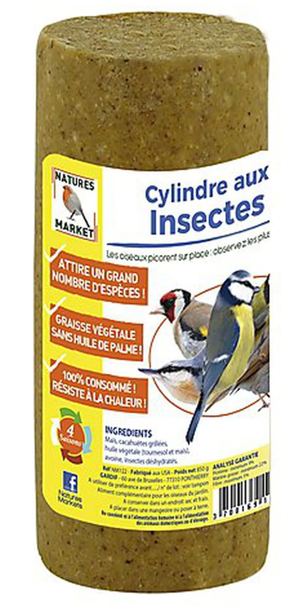 Natures Markets - Cylindre Graisse Végétale aux Insectes pour Oiseaux du Ciel - 850g