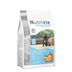 Nutrivia Nature Plus - Croquettes Naturelles à la Dinde et au Hareng Frais pour Chiot de Petite Race - 3Kg