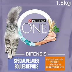 Purina One - Croquettes au Poulet et Céréales Spécial Pelage et Boules de Poils pour Chat Adulte - 1,5Kg