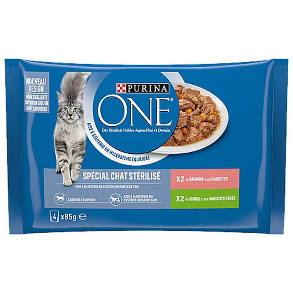 PURINA ONE - Sachets fraîcheurs Saumon et Dinde pour Chats Stérilisés - 4x85g