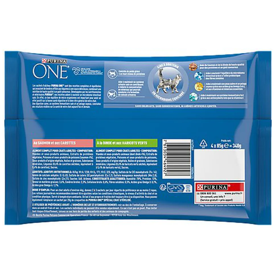 PURINA ONE - Sachets fraîcheurs Saumon et Dinde pour Chats Stérilisés - 4x85g