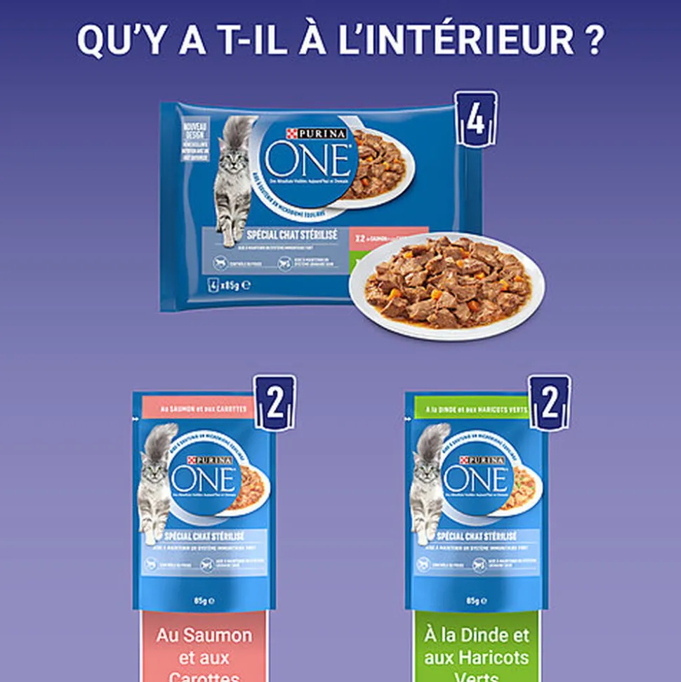 PURINA ONE - Sachets fraîcheurs Saumon et Dinde pour Chats Stérilisés - 4x85g