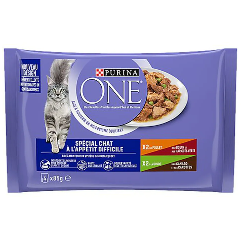 PURINA ONE - Sachets Fraîcheurs Chat difficile en Sauce Bœuf Volaille Légumes pour Chats - 4X85g