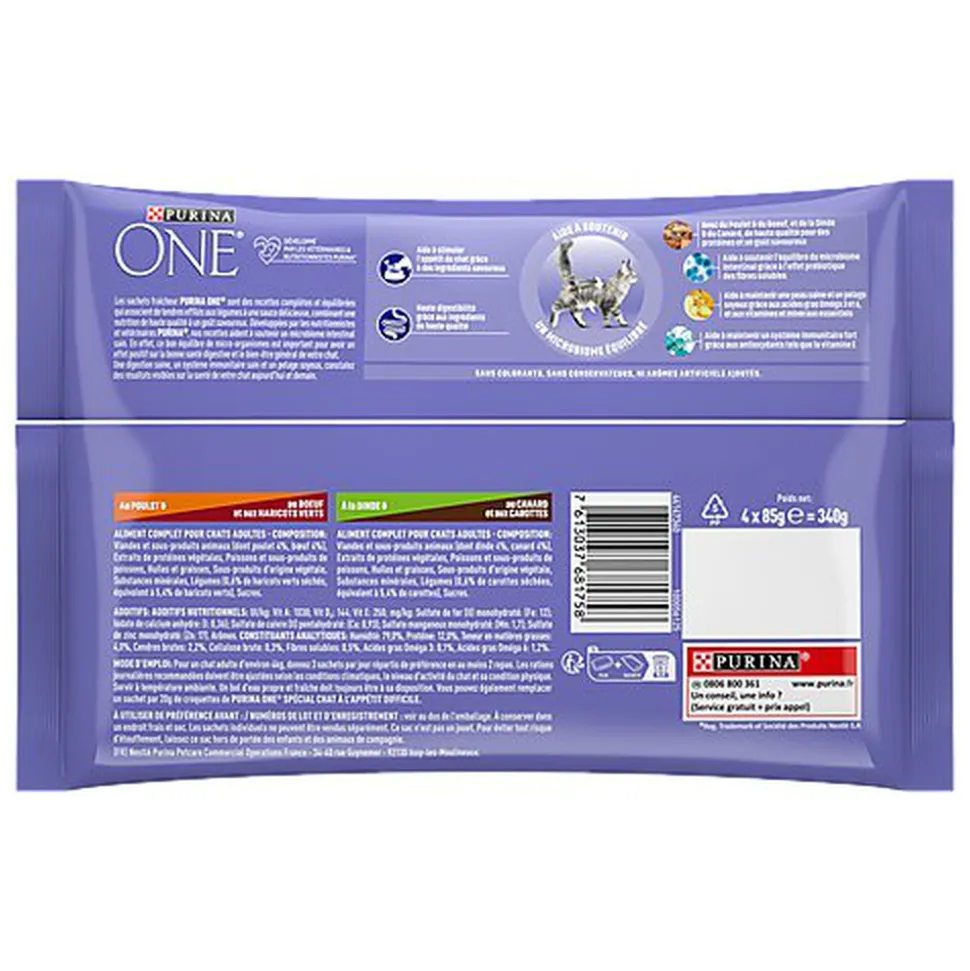 PURINA ONE - Sachets Fraîcheurs Chat difficile en Sauce Bœuf Volaille Légumes pour Chats - 4X85g