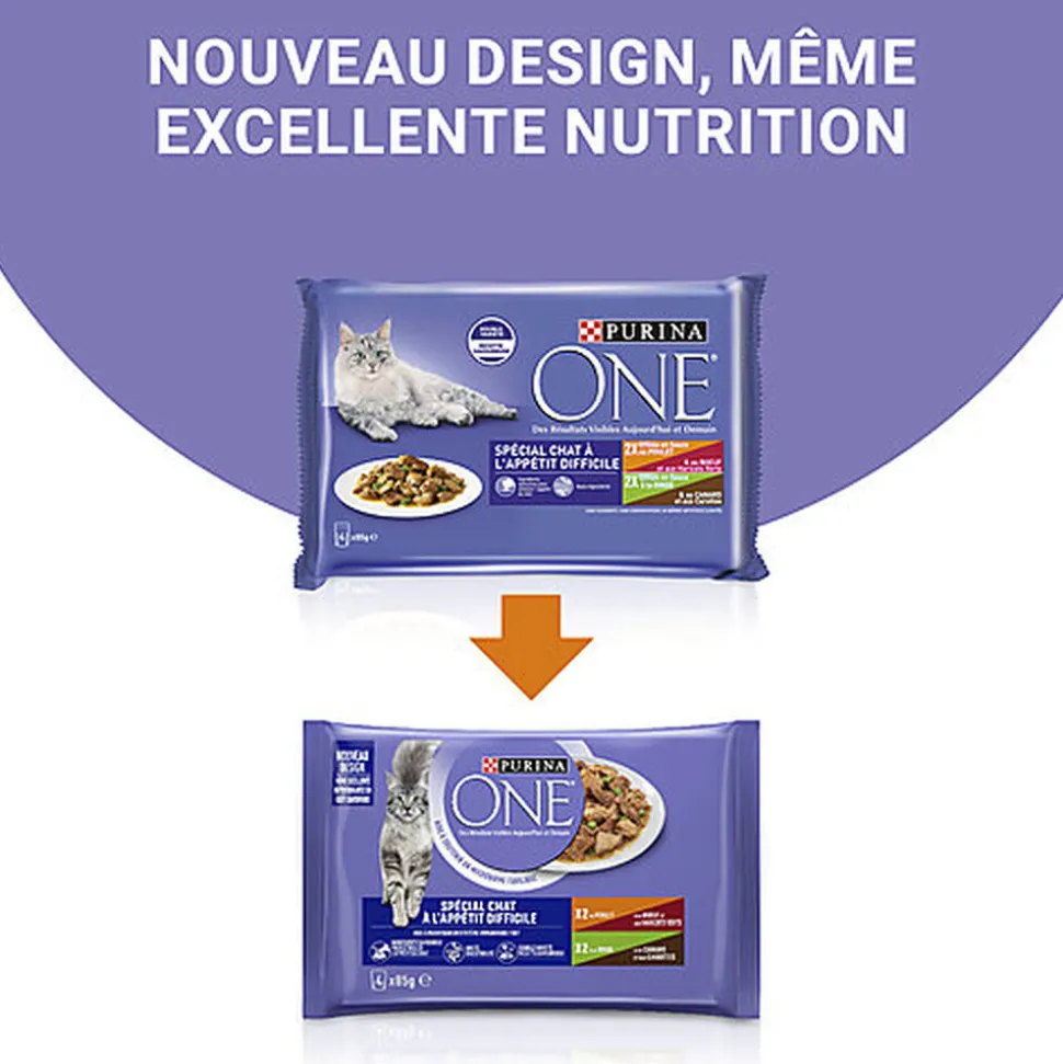 PURINA ONE - Sachets Fraîcheurs Chat difficile en Sauce Bœuf Volaille Légumes pour Chats - 4X85g