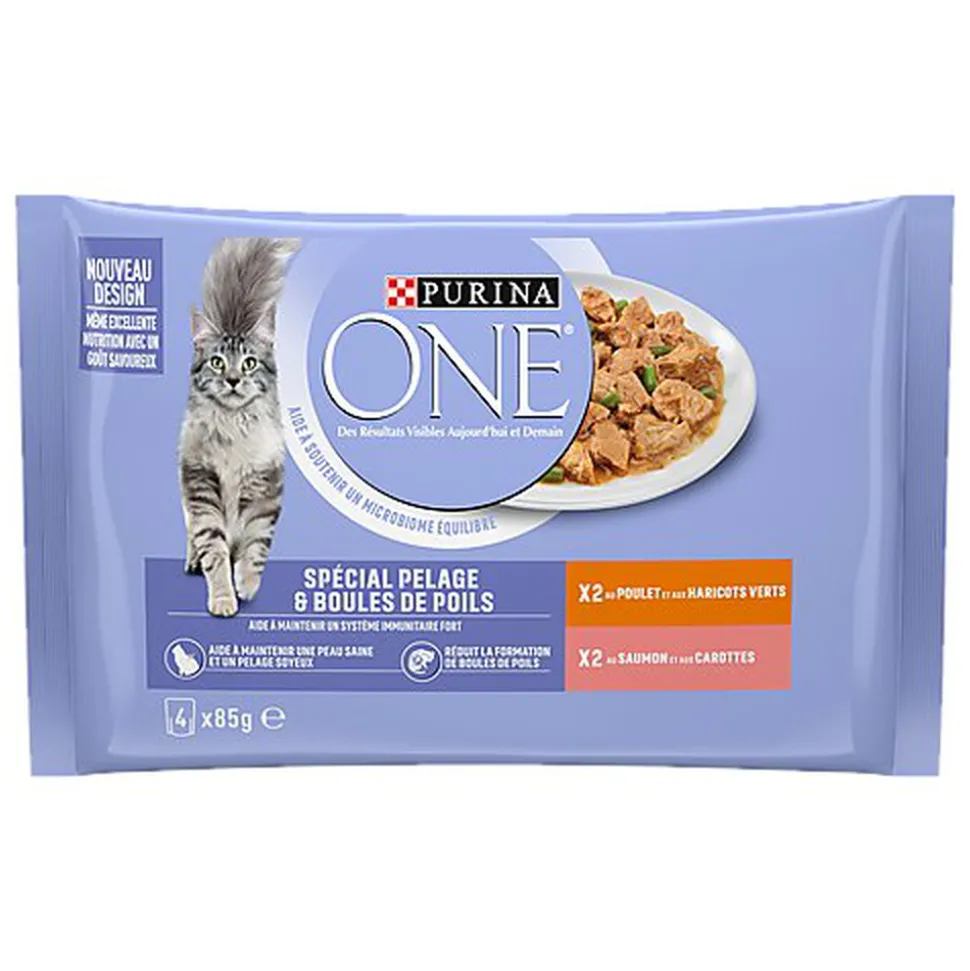 PURINA ONE - Sachets fraîcheurs Pelage Boules de Poils Saumon et Poulet pour Chats - 4x85g