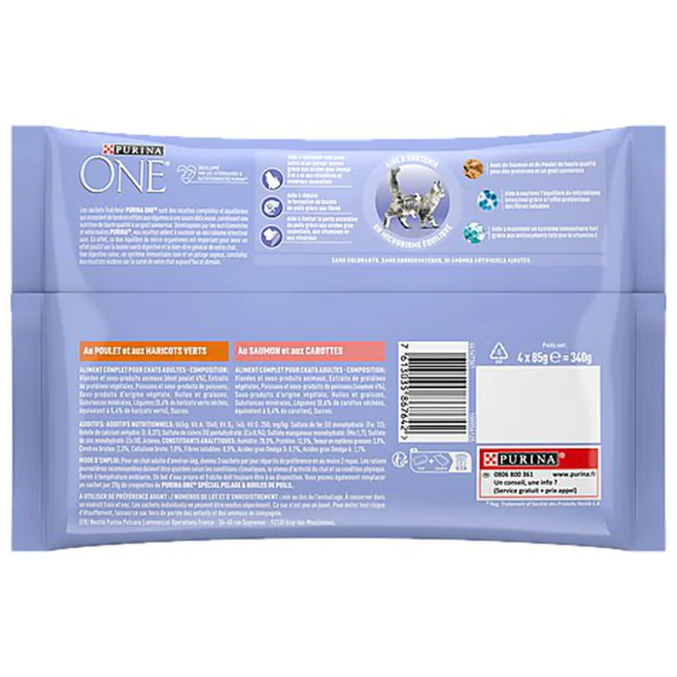 PURINA ONE - Sachets fraîcheurs Pelage Boules de Poils Saumon et Poulet pour Chats - 4x85g