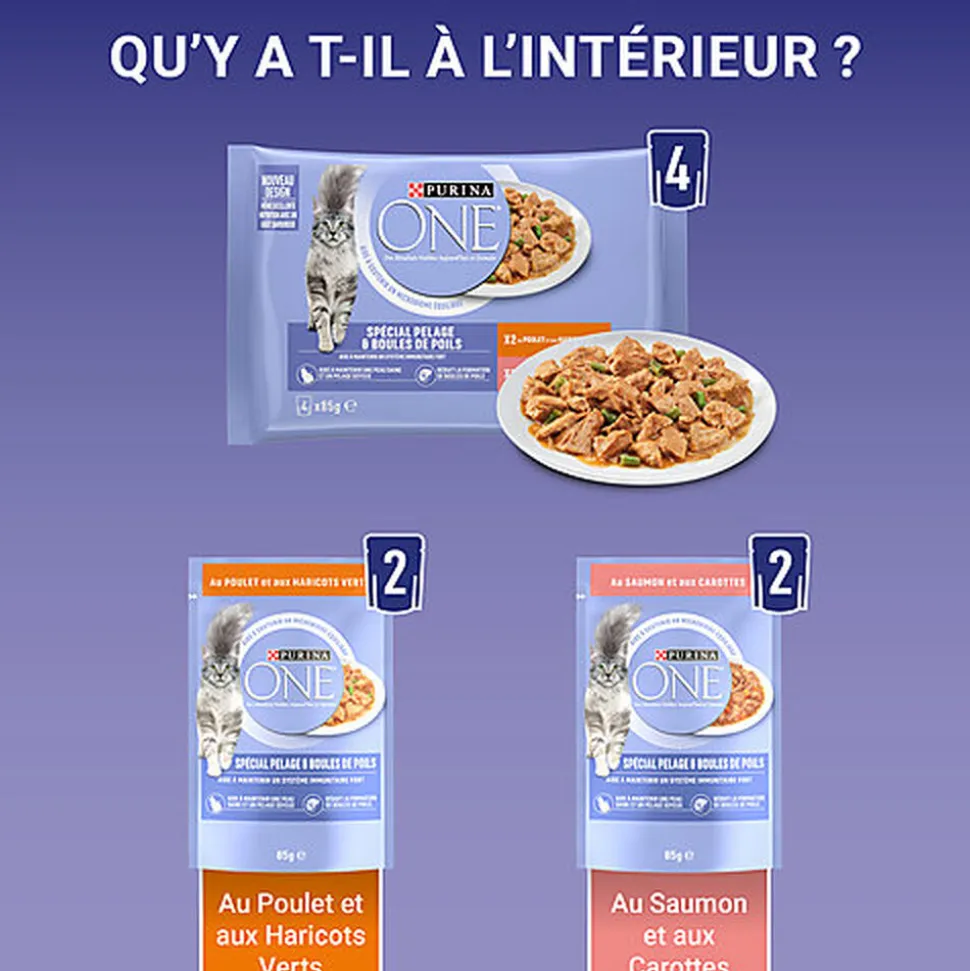 PURINA ONE - Sachets fraîcheurs Pelage Boules de Poils Saumon et Poulet pour Chats - 4x85g