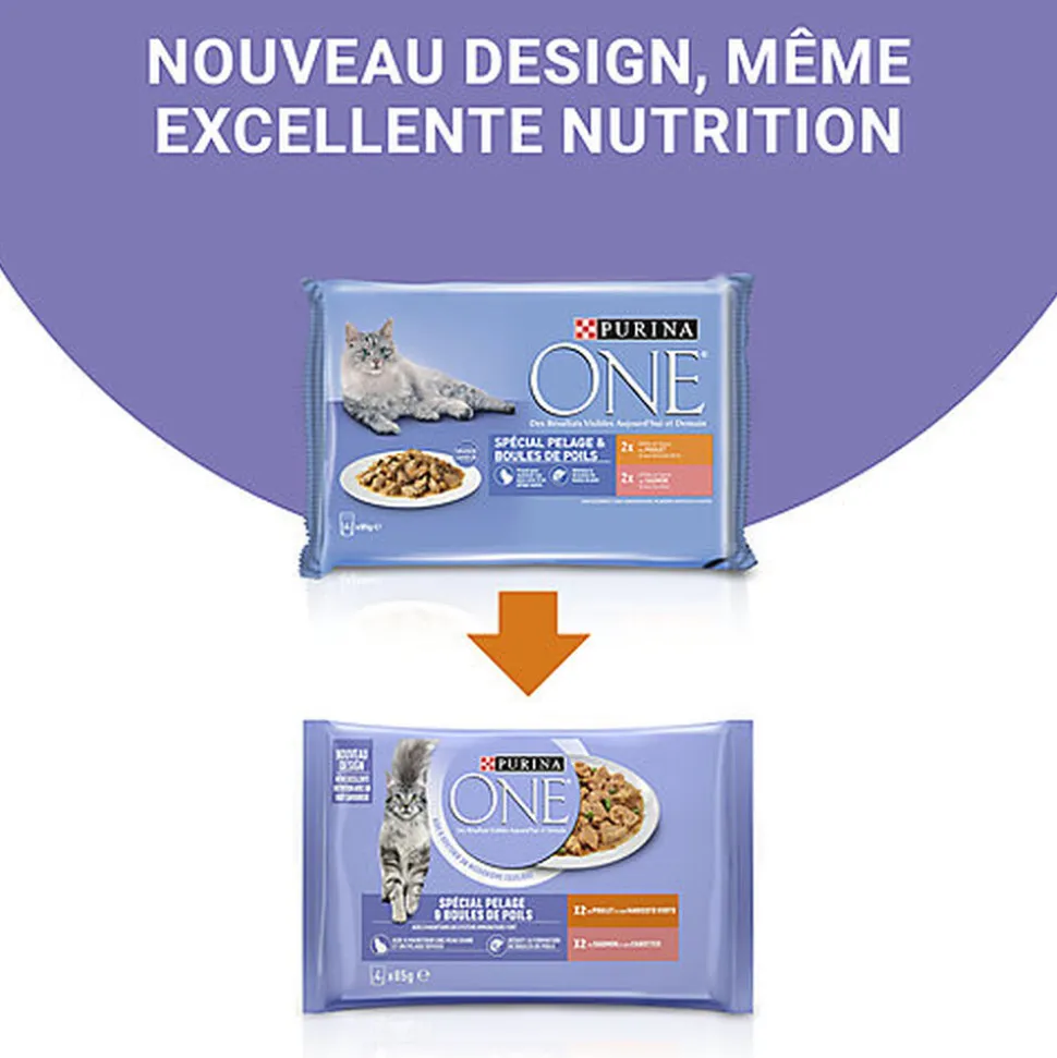 PURINA ONE - Sachets fraîcheurs Pelage Boules de Poils Saumon et Poulet pour Chats - 4x85g