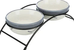 Trixie - Set gamelles, en céramique/métal, 2 × 0,3 l/ø 12 cm/26 × 7 × 14 cm, blanc/bleu-g