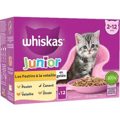Whiskas - Sachets Fraicheur Festins à la Volaille en Gelée pour Chatons - 12x85g