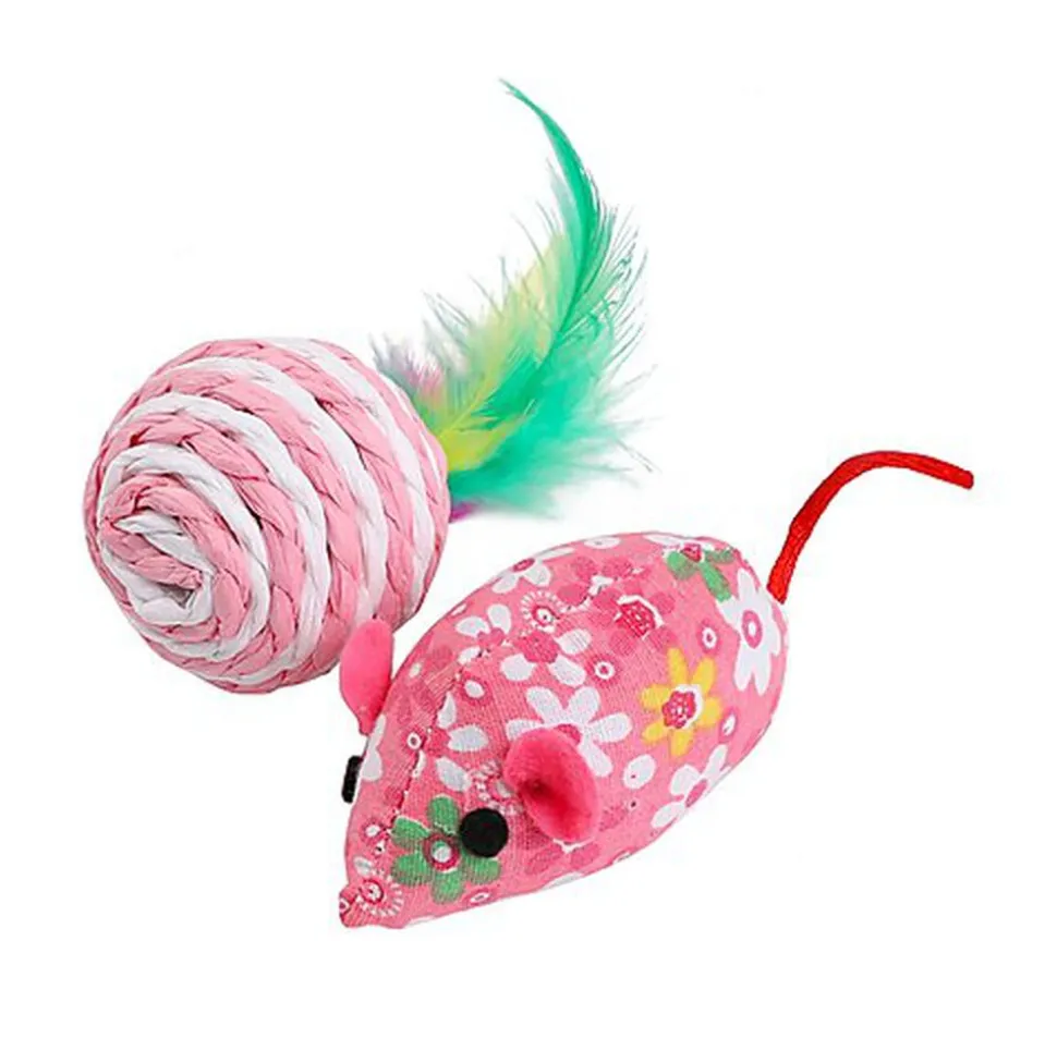 Wouapy - Jouet Souris + Balle Sisal à Plumes pour Chat - 18cm