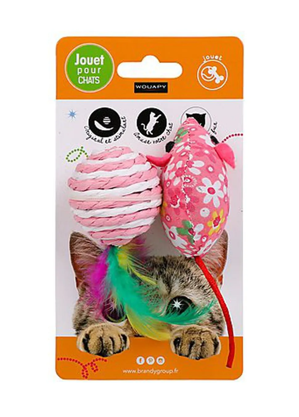 Wouapy - Jouet Souris + Balle Sisal à Plumes pour Chat - 18cm